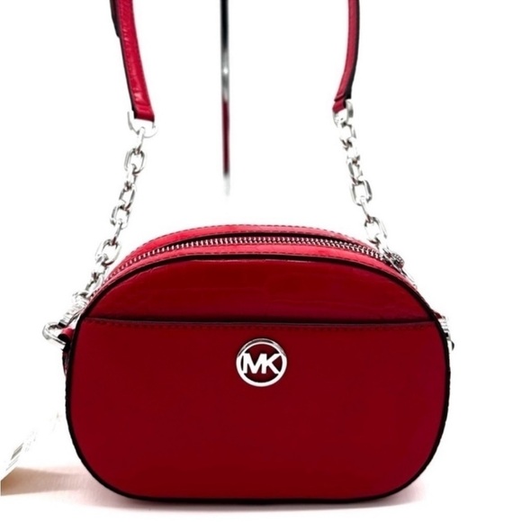 Michael Kors Large Jet Set Glam Leather Snakeskin OvalCrossbody Bag Red/Gold